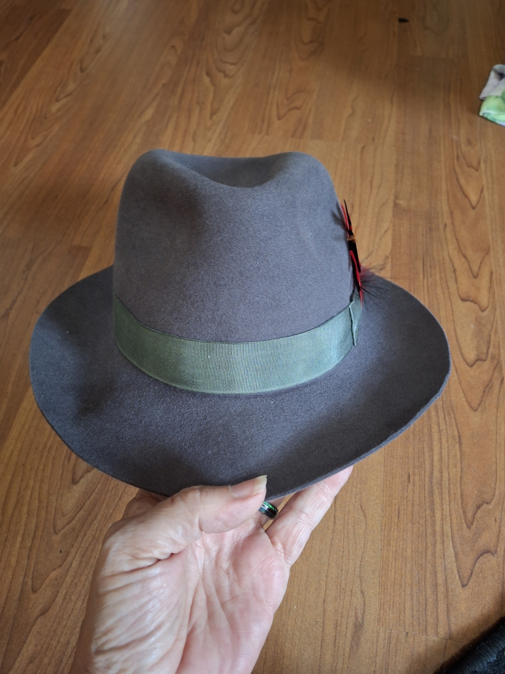 Seville Quality Hat Gray Wool Fedora Red Feather Green Band Size 56